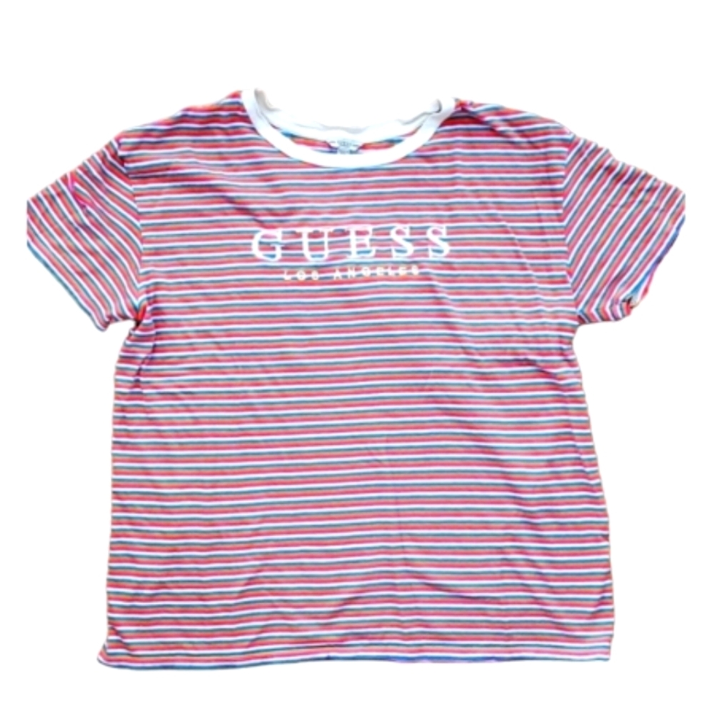 Guess Womans Striped Short Sleeve Embroidered Logo Shirt Size Small